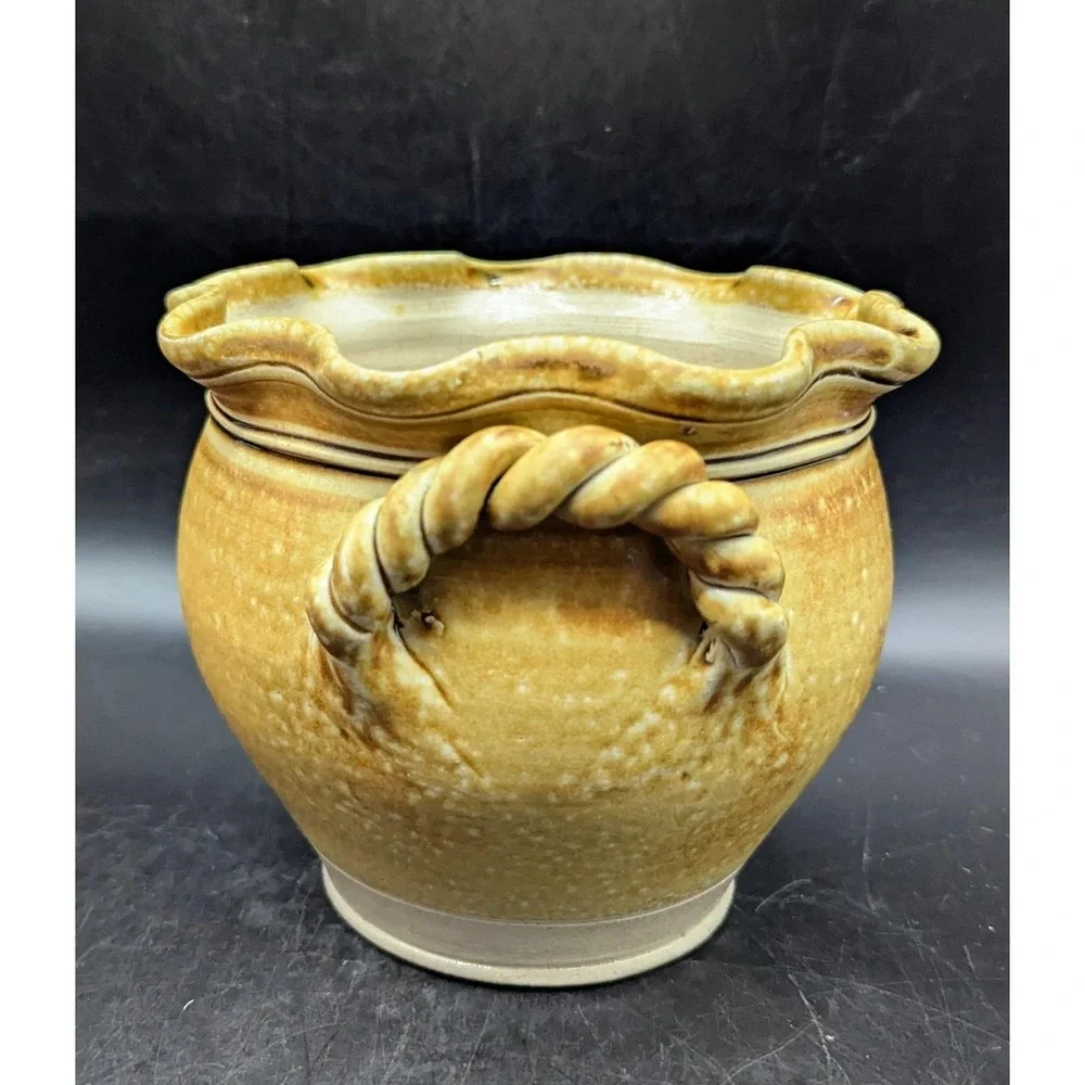 Vintage Wisconsin Pottery Brown Handled Planter Vase 5.25